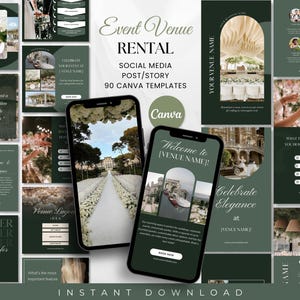 Op de afbeelding: Een set van 90 social media post- en story-sjablonen voor evenementenlocaties. De sjablonen hebben een groen en wit kleurenschema met elegante typografie en afbeeldingen van een trouwlocatie. De tekst op de sjablonen omvat "Evenementenlocatie huren", "Welkom bij [Naam van de locatie] !", "Vier elegantie in [Naam van de locatie]" en "Boek nu".