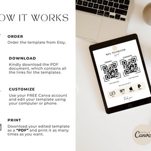 May include: A digital illustration of a how-to guide for ordering, downloading, customizing, and printing a nail technician payment template. The template includes QR codes for Venmo and CashApp, as well as a section for other payment methods. The template is made in Canva.