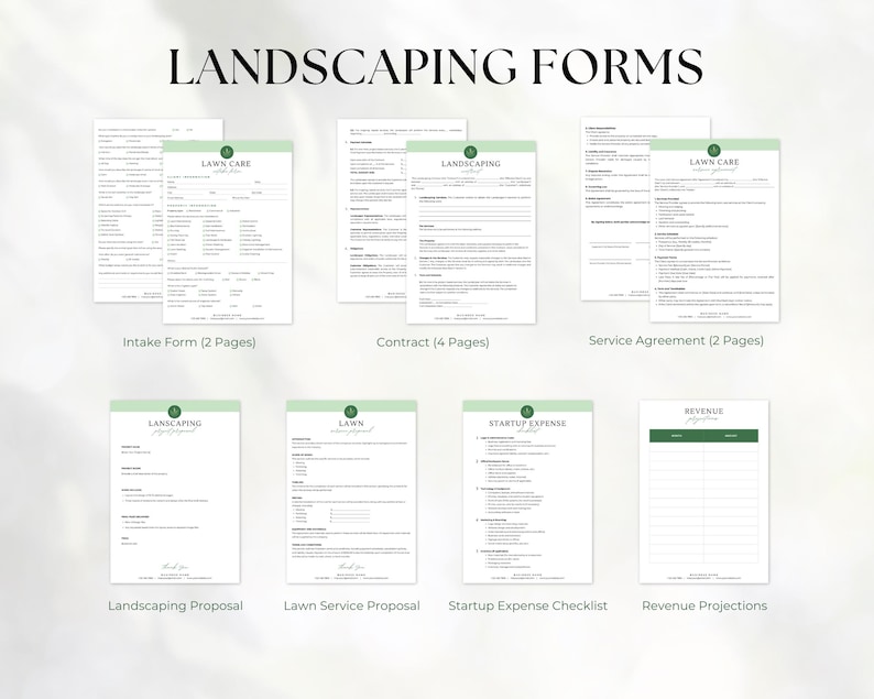 May include: A collection of white landscaping business forms with green headers, including an intake form, contract, service agreement, landscaping proposal, lawn service proposal, startup expense checklist, and revenue projections document.