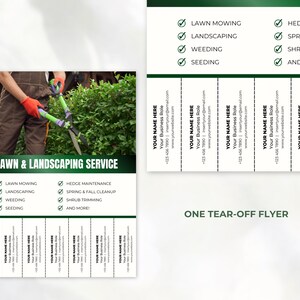 K&ouml;nnte beinhalten: Ein gr&uuml;ner und wei&szlig;er Abrei&szlig;flyer f&uuml;r einen Rasen- und Landschaftspflege-Service. Der Flyer zeigt ein Foto einer Person, die einen Heckenschneider benutzt. Der Flyer listet Dienstleistungen wie Rasenm&auml;hen, Landschaftsgestaltung, Unkrautj&auml;ten, Aussaat, Heckenpflege, Fr&uuml;hjahr- und Herbstreinigung, Strauchschnitt und mehr auf. Der Flyer enth&auml;lt auch Kontaktinformationen f&uuml;r das Unternehmen.