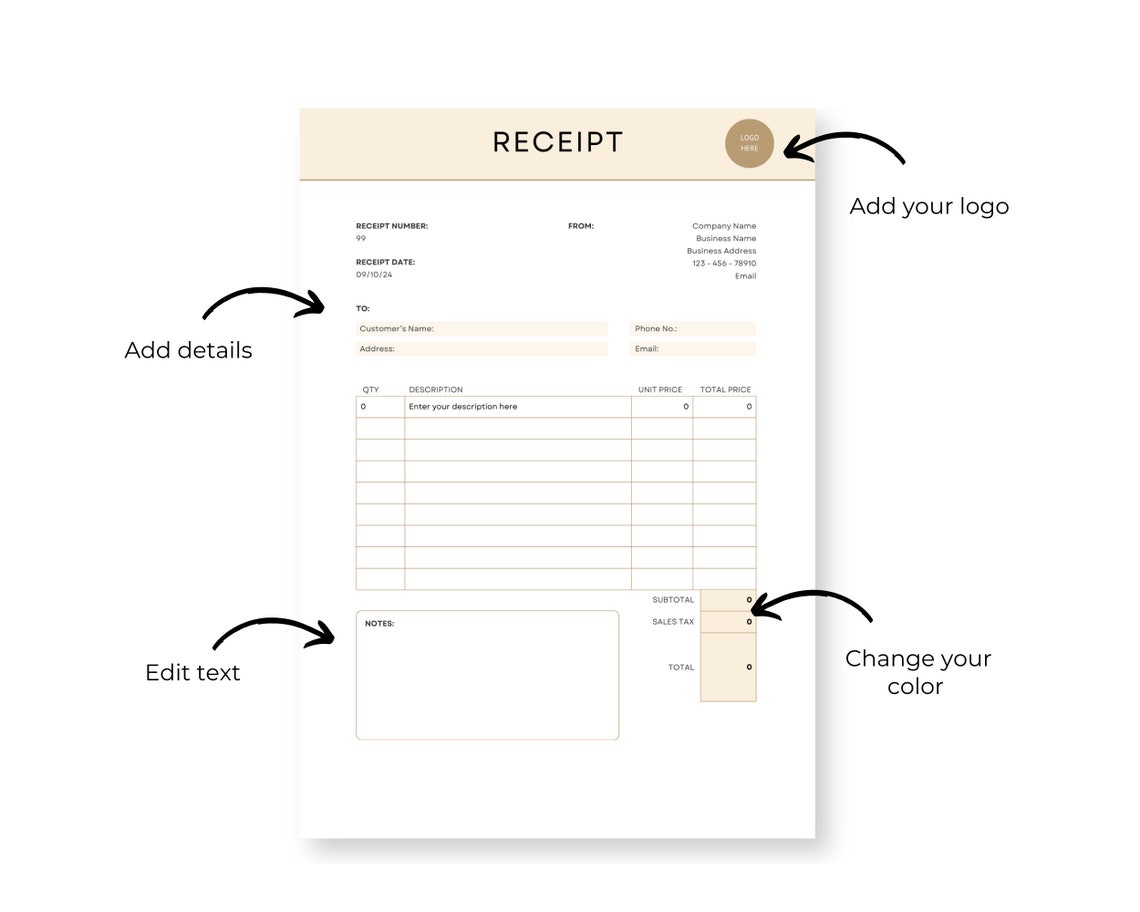 Editable Receipt Template, Printable Receipt Template, Order Form ...