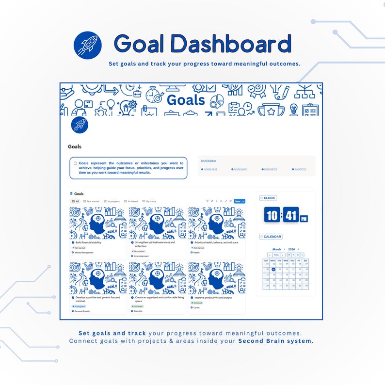 May include: A digital Goal Dashboard interface with the title "Goal Dashboard" in blue. The interface includes sections for goals, a clock, and a calendar. The text reads "Set goals and track your progress toward meaningful outcomes."