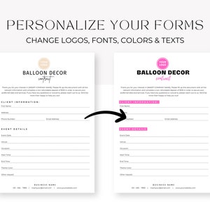 May include: Two customisable balloon decor contract templates. The left template has a pink logo with the text "YOUR LOGO" and the right template has a pink logo with the text "YOUR LOGO". Both templates have the text "BALLOON DECOR CONTRACT" and include sections for client information and event details.