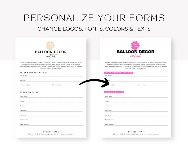 May include: Two customisable balloon decor contract templates. The left template has a pink logo with the text "YOUR LOGO" and the right template has a pink logo with the text "YOUR LOGO". Both templates have the text "BALLOON DECOR CONTRACT" and include sections for client information and event details.