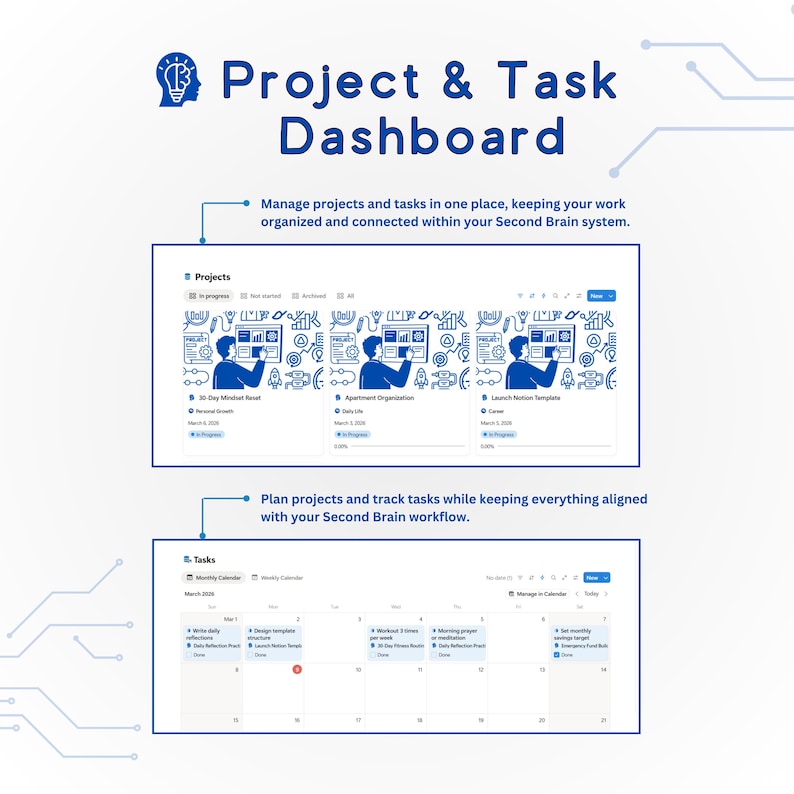 May include: A digital project and task dashboard interface with the title "Project & Task Dashboard". The interface includes sections for projects and tasks, with a blue and white color scheme. The text reads "Manage projects and tasks in one place".
