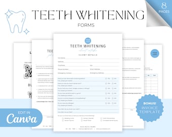 May include: A set of eight printable forms for teeth whitening services. The forms include client intake details, consent forms, and an invoice template. The forms are designed in a light blue and white color scheme with a tooth icon.