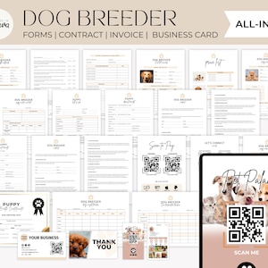 Vertragsvorlage für einen Hundezüchter, Verkaufs- und Adoptionsformulare für Welpen, Diagramme/Aufzeichnungen über die Welpenabnahme, Kaufvertrag für Welpen, Anzahlungsbeleg CANVA