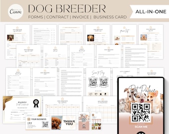 May include: A digital marketing kit for dog breeders. The kit includes forms, contracts, invoices, business cards, and a puppy birth certificate. The kit also includes a scannable QR code for customers to learn more about the breeder.