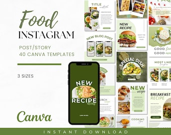 Paquete de plantillas para publicaciones de Instagram sobre comida, plantilla Canva para bloggers de comida, publicación de Instagram sobre dietistas, marketing en redes sociales sobre nutrición, plantillas Canva