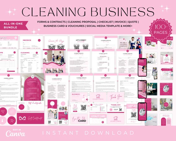 Cleaning Business Bundle, Cleaning Forms, Logo, Service agreement, Cleaning Business Flyer, Cleaning Business Cards, Cleaning Social media