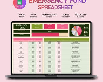 May include: A laptop screen displays a Google Sheets spreadsheet titled "EMERGENCY FUND SPREADSHEET." The spreadsheet includes sections for fund overview, contribution history, and goal-based planning. The screen shows a pie chart and data tables. Text at the bottom reads: "See your savings in action."
