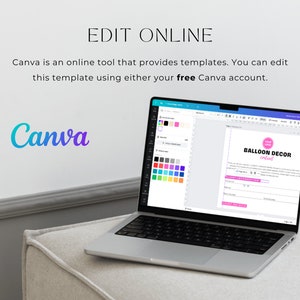 May include: A laptop computer displaying a Canva design template for a balloon decor contract. The template is pink and white with the text "Balloon Decor Contract" in a pink box. The laptop is on a white surface.