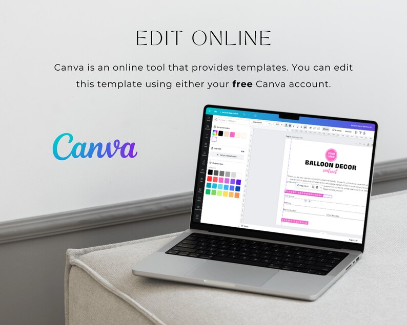 May include: A laptop computer displaying a Canva design template for a balloon decor contract. The template is pink and white with the text "Balloon Decor Contract" in a pink box. The laptop is on a white surface.