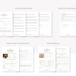 Pode incluir: Um conjunto de formul&aacute;rios imprim&iacute;veis para criadores de c&atilde;es, incluindo um formul&aacute;rio de admiss&atilde;o de clientes, uma autoriza&ccedil;&atilde;o de foto e v&iacute;deo, um certificado de sa&uacute;de do filhote e um perfil do filhote. Os formul&aacute;rios apresentam um design simples e moderno com um esquema de cores marrom e branco.