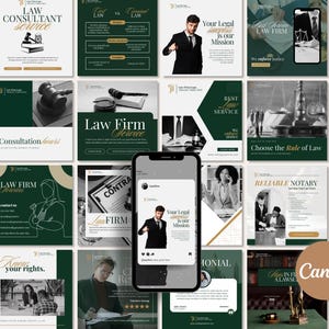 May include: A collection of social media posts with a law firm theme. The posts feature images of legal symbols, professionals, and text such as "Law Firm Service" and "Your Legal Success is our Mission." The color scheme is dark green, gold, and white.