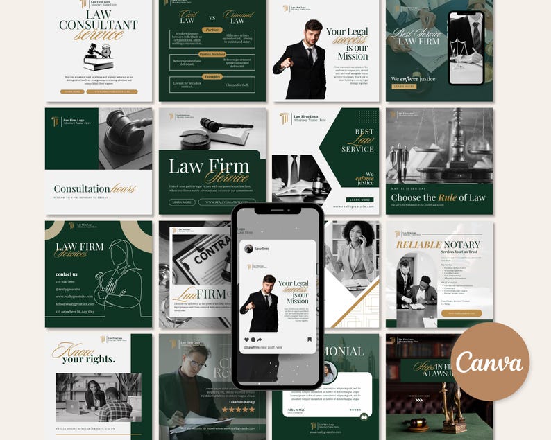 May include: A collection of social media posts with a law firm theme. The posts feature images of legal symbols, professionals, and text such as "Law Firm Service" and "Your Legal Success is our Mission." The color scheme is dark green, gold, and white.