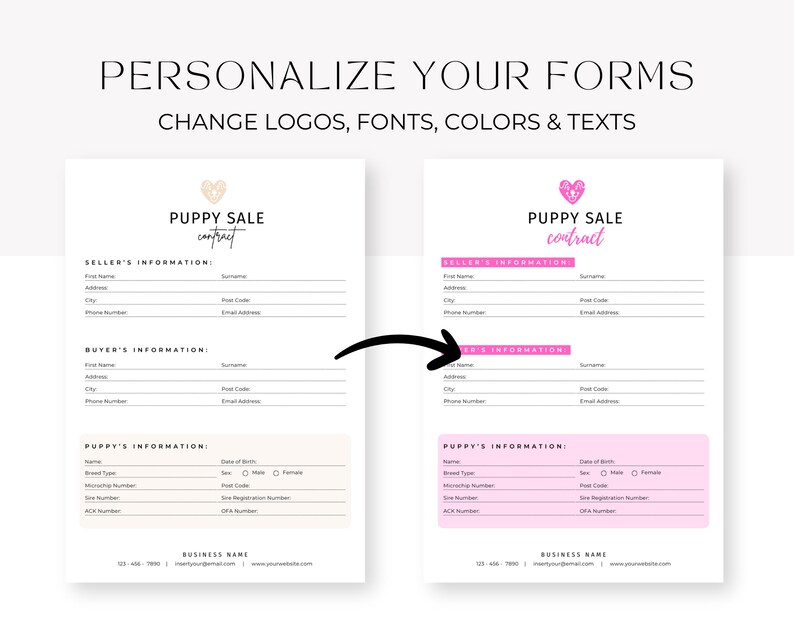 May include: A customizable puppy sale contract template with pink and white accents. The template includes sections for seller's information, buyer's information, and puppy's information. The text "Puppy Sale Contract" is at the top of the template.