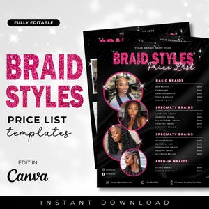 Price List Braids Flyer Template, Braiding Service Small Business Pricelist, Beauty Salon Boutique, Social Media Price List Flyer, Canva