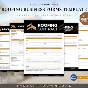 Op de afbeelding: Een set sjablonen voor dakbedrijfsformulieren, waaronder een contract, factuur en intakeformulier. Het ontwerp is zwart en goud, met de tekst "ROOFING BUSINESS FORMS TEMPLATE". Direct downloaden.