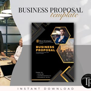 Könnte beinhalten: Eine schwarze und goldene Business-Proposal-Vorlage mit dem Text "Business Proposal" und "Nova Strategies" in goldener Schrift. Die Vorlage zeigt eine Skyline und einen Mann im Anzug.