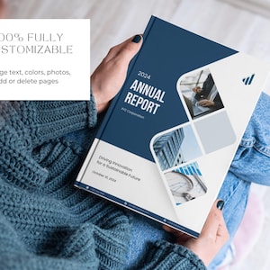 May include: A person holding a 2024 Annual Report. The cover is navy blue with white accents and the text "ANNUAL REPORT". The report includes the text "Driving Innovation for a Sustainable Future". The image also includes the text "100% FULLY CUSTOMIZABLE".
