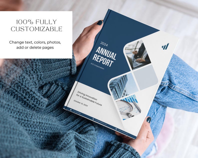 May include: A person holding a 2024 Annual Report. The cover is navy blue with white accents and the text "ANNUAL REPORT". The report includes the text "Driving Innovation for a Sustainable Future". The image also includes the text "100% FULLY CUSTOMIZABLE".