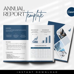 May include: A template for an annual report, featuring a navy blue and white design. The open book displays charts and financial metrics. The cover shows a building and a person working on a computer. The text reads "Annual Report Template" and "Instant Download".