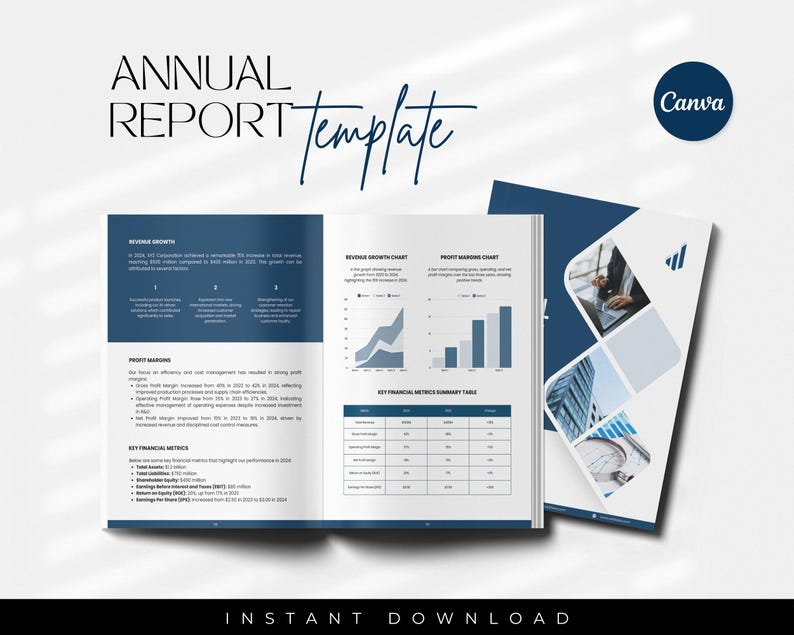 May include: A template for an annual report, featuring a navy blue and white design. The open book displays charts and financial metrics. The cover shows a building and a person working on a computer. The text reads "Annual Report Template" and "Instant Download".