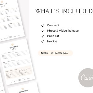 May include: A printable set of documents for a puppy sale contract, including a contract, photo and video release, price list, and invoice. The documents are available in US Letter and A4 sizes.