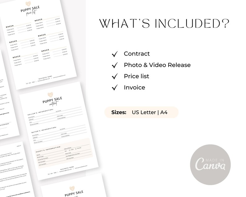 May include: A printable set of documents for a puppy sale contract, including a contract, photo and video release, price list, and invoice. The documents are available in US Letter and A4 sizes.