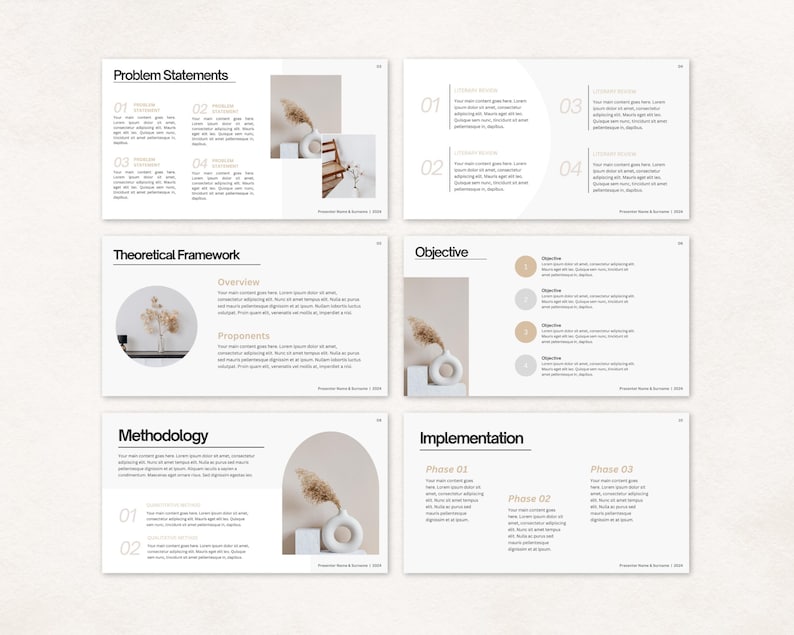 May include: A presentation slide deck with the title "Problem Statements" and a white vase with dried pampas grass. The slide deck also includes sections for "Theoretical Framework", "Objective", "Methodology", and "Implementation".
