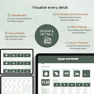 Puede incluir: Interfaz de aplicaci&oacute;n digital de dise&ntilde;o y detalles, que se muestra en varias tabletas. La aplicaci&oacute;n incluye secciones para mood boards, detalles del lugar, entretenimiento, planificaci&oacute;n de men&uacute;s y listas de verificaci&oacute;n de decoraci&oacute;n. El nombre de la aplicaci&oacute;n, "Design & Details", es visible.