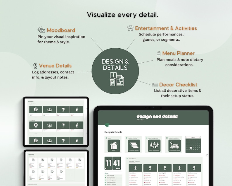 Puede incluir: Interfaz de aplicaci&oacute;n digital de dise&ntilde;o y detalles, que se muestra en varias tabletas. La aplicaci&oacute;n incluye secciones para mood boards, detalles del lugar, entretenimiento, planificaci&oacute;n de men&uacute;s y listas de verificaci&oacute;n de decoraci&oacute;n. El nombre de la aplicaci&oacute;n, "Design & Details", es visible.