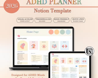 Planificador Notion para TDAH, Plantilla Notion para TDAH, Panel de control Notion, Planificador para TDAH para productividad y organización, Planificador de autocuidado, Notion