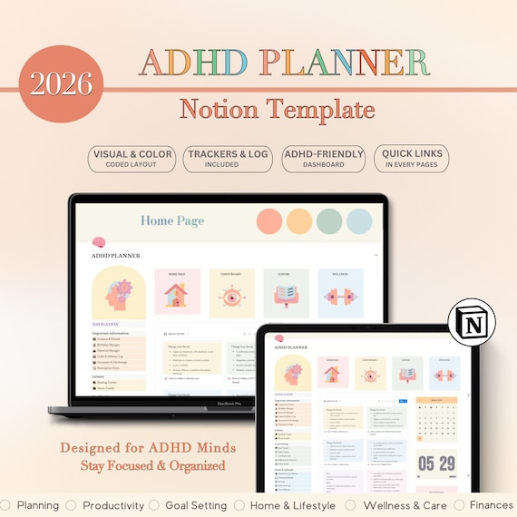 ADHD Notion Planner, Notion Template ADHD, Notion Dashboard, ADHD Planner For Productivity And Organization, Self Care Planner, Notion