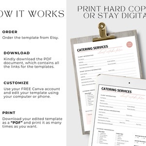 May include: A digital illustration showing how to use a catering services template. The steps are: order, download, customize, and print. The template is shown on a tablet and a clipboard. The text "Catering Services" is visible on the template.