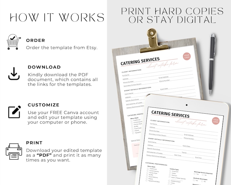 May include: A digital illustration showing how to use a catering services template. The steps are: order, download, customize, and print. The template is shown on a tablet and a clipboard. The text "Catering Services" is visible on the template.