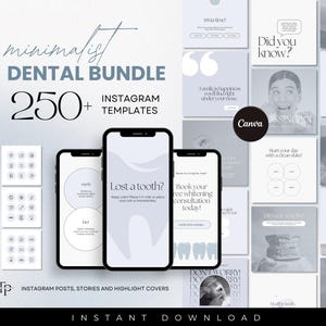 May include: A digital product bundle for dental professionals featuring over 250 Instagram templates. The templates are minimalist in design and include posts, stories, and highlight covers. The text "250+ Instagram Templates" is displayed in a large font on a light blue background.