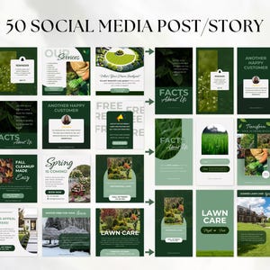 May include: A collection of 50 social media post and story templates for lawn care services, featuring dark and light green color schemes, various gardening imagery, and text overlays including phrases like Lawn Care, Facts About Us, and Spring Is Coming.