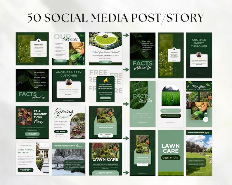 May include: A collection of 50 social media post and story templates for lawn care services, featuring dark and light green color schemes, various gardening imagery, and text overlays including phrases like Lawn Care, Facts About Us, and Spring Is Coming.