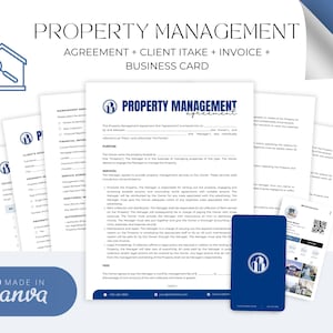 Könnte beinhalten: Eine blaue und weiße Vorlage für einen Immobilienverwaltungsvertrag mit einem Business-Card-Mockup. Der Vertrag enthält Abschnitte für Zweck, Dienstleistungen, Gebühren und rechtliche Schritte. Die Visitenkarte zeigt ein blaues und weißes Logo mit einer Lupe und dem Text "Immobilienverwaltung".
