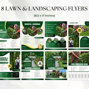 K&ouml;nnte beinhalten: Acht Flyer-Vorlagen f&uuml;r Rasen- und Landschaftspflege in einem gr&uuml;n-wei&szlig;en Farbschema. Die Flyer zeigen Bilder von Landschaftspflege-Dienstleistungen wie M&auml;hen, Trimmen und Kanten. Der Text auf den Flyern enth&auml;lt den Firmennamen, die angebotenen Dienstleistungen und Kontaktinformationen.