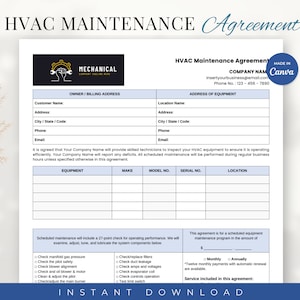 May include: A blue and white HVAC maintenance agreement form with a checklist of services included. The form includes sections for owner billing address, address of equipment, and service included in this agreement. The form is made with Canva.