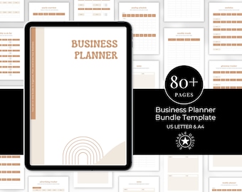 May include: A digital tablet displaying a Business Planner cover page with a tan rainbow graphic and brown text. The background features multiple blurred pages of the planner. Text includes 80+ PAGES, Business Planner Bundle Template, US Letter & A4.