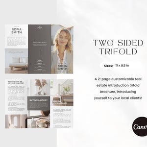 Puede incluir: Folleto tr&iacute;ptico de dos caras, 27,9 x 21,6 cm, para un agente inmobiliario. El folleto presenta una foto de una mujer, texto y el logotipo de Canva. El folleto est&aacute; dise&ntilde;ado para presentar al agente a clientes potenciales.