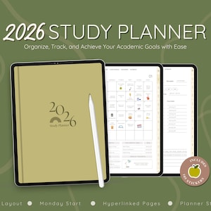 Puede incluir: Un planificador de estudio digital para 2026, mostrado en tres tabletas. La portada muestra el año y las palabras "Study Planner". Incluye diseños de estudio, inicio en lunes, páginas con hipervínculos y pegatinas. Fondo verde oliva.