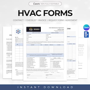 HVAC Maintenance Forms Template, Heating Ventilation and Air Conditioning Services, HVAC Forms, HVAC Contract Invoice Checklist Agreement