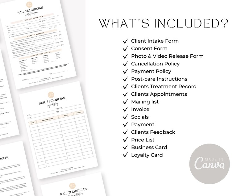 May include: A checklist of items included in a nail technician's business kit. The checklist includes items such as a client intake form, consent form, photo and video release form, cancellation policy, payment policy, post-care instructions, clients treatment record, clients appointments, mailing list, invoice, socials, payment, clients feedback, price list, business card, and loyalty card. The text "WHAT'S INCLUDED?" is at the top of the checklist.