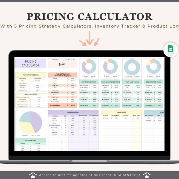 Price & Profit Calculator for Small Businesses with 5 Pricing Strategies and Sales Tax | Price Guide | Price List for Google Sheets
