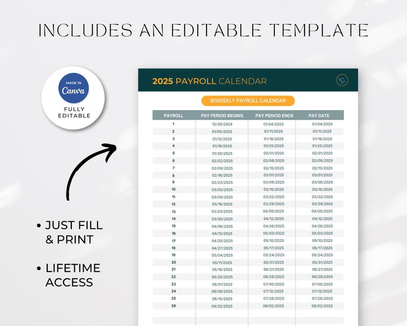 2025 Payroll Calendar, Employee Payroll, Company Calendar, Printable ...